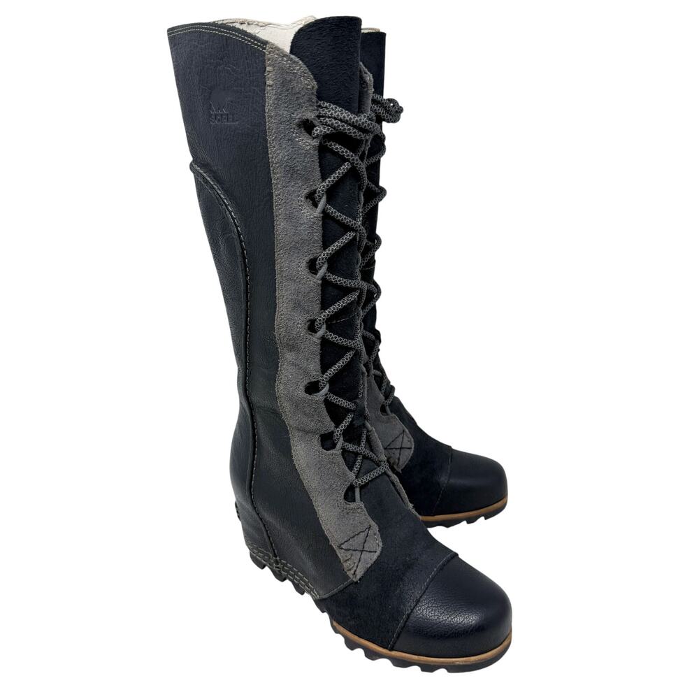 Sorel Black/Gray Leather & Suede Cate the Great Boots Lace Up Women's Size 6 EUC - Picture 9 of 9